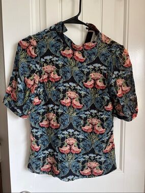 Anthropologie Black Floral Puff Sleeve Blouse with Coral and Blue